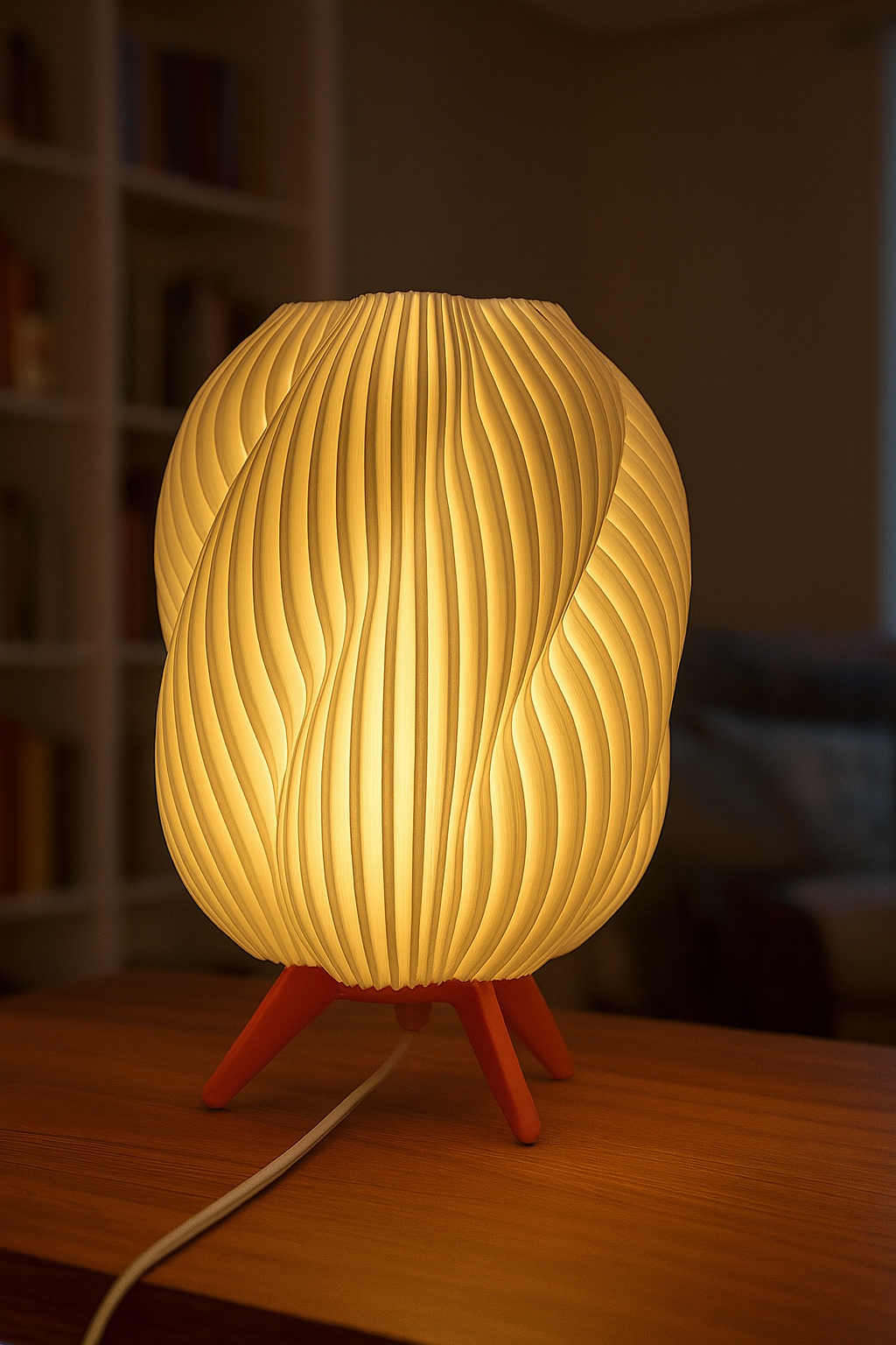 Designer Table Lamp 'Wave' with Wavy White Shade and Wooden Base – Atmospheric Modern Lighting